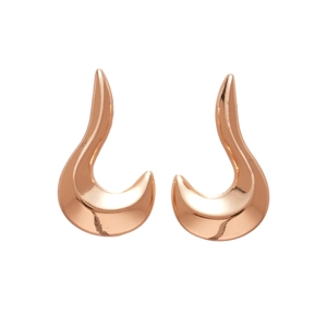 Minimalist geometric flame earrings in rose gold finish with polished metal surface