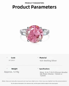 Detailed specs of S925 silver ring featuring 12mm pink zircon and 5A grade quality