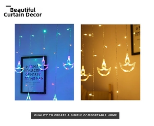 Detail view of LED curtain string lights showing warm yellow and multi-color lighting modes