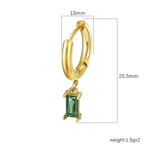 Gold hoop earrings with green rectangular zircon drops and detailed size specifications