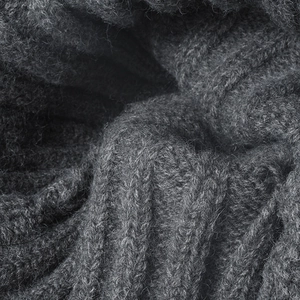 Thick dark gray ribbed knit beanie for women with a warm and soft fuzzy texture