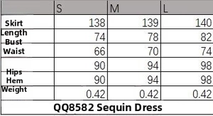 Size chart for V-neck sequined sleeveless dress with length, bust, waist, and hip details