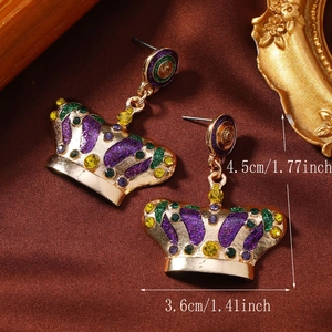 Luxurious gold crown earrings with colorful enamel and rhinestones for women