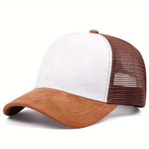 Classic two-tone trucker cap in white and brown with breathable mesh back and suede brim