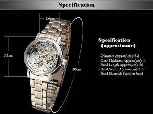 Dimensions détaillées du boîtier squelette argenté et du bracelet en acier inoxydable