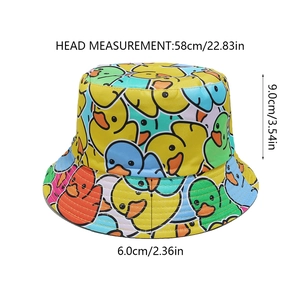 Guida alle taglie del cappello a secchiello con anatra gialla e misure dei dettagli