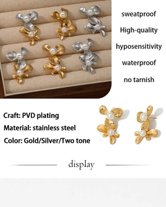 Detailed feature display of stainless steel pearl flower earrings with PVD gold plating
