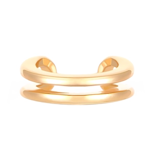 Detail view of high-polish double-band gold ear cuff featuring minimalist zircon setting