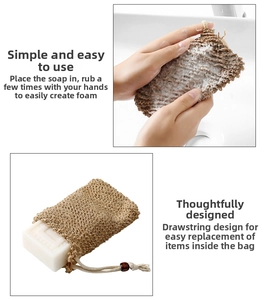 Macro detail of natural sisal soap foaming bag with wooden bead drawstring and mesh texture