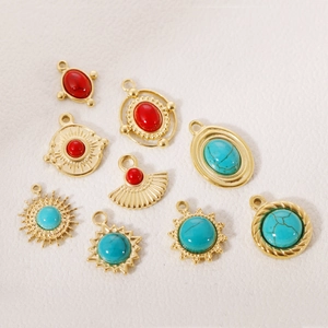 Stainless Steel Pendant 18K Gold Plated Natural Stone Turquoise Sun Starburst For DIY Jewelry Making Vintage Bohemian