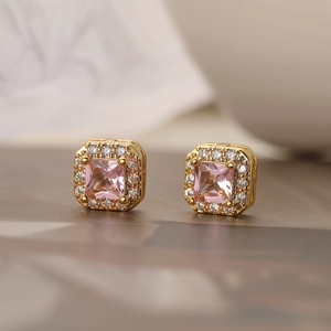 Elegant gold-plated square halo stud earrings with pink zircon and white micro-pave stones