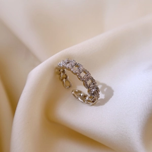 Micro zircon paved Cuban link open ring in silver finish for women fashion