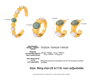Detail view of gold titanium jewelry set with green natural stones and US size 6/7/8 rings