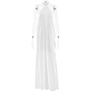 Détail de la robe licou en satin blanc avec fente haute et design dos nu élégant
