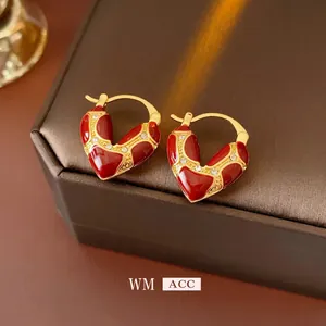 Heart Hoop Earrings Gold Plated Copper Red Enamel Rhinestones With 925 Sterling Silver Earring Post Vintage Luxury