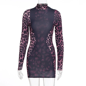 Close-up of pink leopard print mini dress featuring bodycon fit and long sleeves