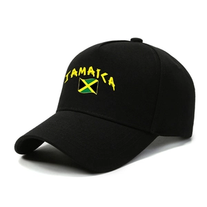 Black baseball cap featuring Jamaica text and flag print on a classic curved brim hat