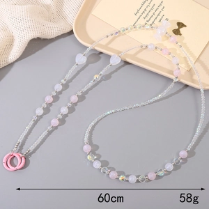 Handmade pink acrylic beaded phone strap with butterfly heart charms and 60cm crossbody chain