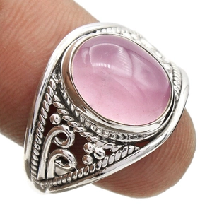 Vintage silver ring with oval pink cabochon stone and bohemian woven texture