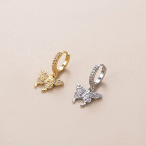 Sparkling zircon butterfly charm hoop earrings in gold and silver finish for women