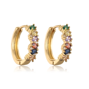 Detail of 18K gold plated hoop earrings with multicolored micro-inlaid zircon stones