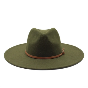 Olive green fedora hat with wide flat brim and brown leather band detail