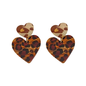 Retro leopard print heart earrings with gold hooks, stylish leopard pattern design