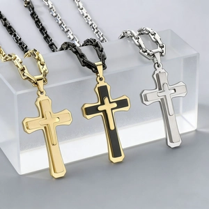 Double Layer Cross Pendant Necklace Stainless Steel Hip Hop Retro Jewelry Accessory For Men