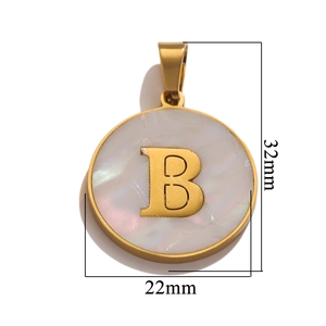 Detail view of a 32mm gold stainless steel letter B pendant with shell inlay detail