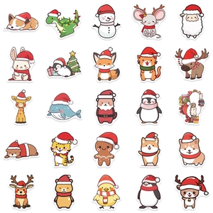 50pcs waterproof Christmas cartoon animal stickers featuring dogs, cats, and festive characters