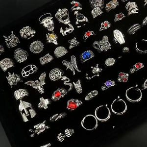 Detailed collection of vintage gothic silver rings with skull and gemstone patterns
