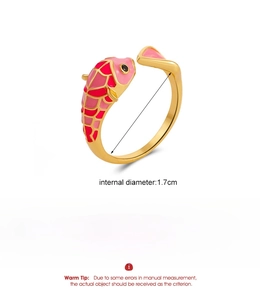 Detailed view of adjustable koi fish ring with red enamel and copper ring dimensions