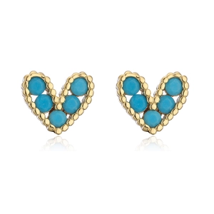 Exquisite 18K gold plated copper heart stud earrings with five blue turquoise stones