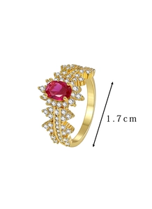 Detail view of 1.7cm red zircon gold ring with marquise cut stones and petal texture
