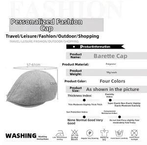 Detail of light grey polyester beret showing size dimensions and fabric weight data