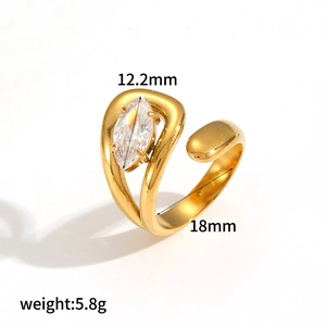 Detail shot of golden titanium steel ring with marquise zircon and size measurements