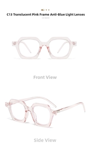 Detail view of transparent pink hexagonal frame blue light blocking glasses model C13