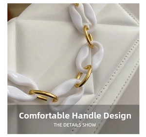 Detail of white quilted handbag featuring a thick resin and gold metal chain handle