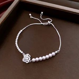 French zircon pearl flower bracelet with adjustable silver chain for women