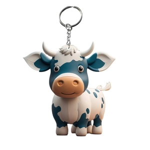 Close-up of a 3D cartoon highland cow keychain with blue spots and silver metal ring