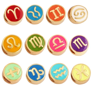 Colorful enamel 12 Zodiac loose beads set with gold symbols for DIY jewelry making