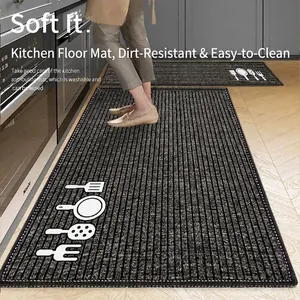 Two-piece anti-slip kitchen floor mat set with gray stripes and white utensil patterns