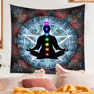 Detailed view of meditation tapestry with seven chakras in a cozy bedroom setting