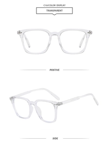 Detailed view of transparent square frames with chic metal studs and side temple design