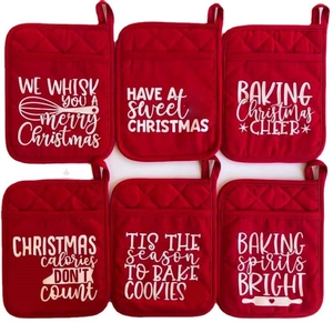 Set of 6 red Christmas pot holders with festive white holiday baking slogans