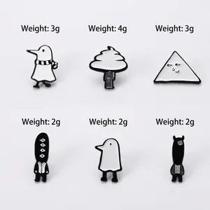 Set of 6 minimalist black and white enamel pins with sizes and weights shown on white background