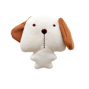 Cute white and brown knitted puppy brooch accessory with embroidered animal features