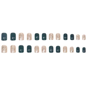 Faux ongles courts et ronds vert foncé brillant et champagne doré avec paillettes