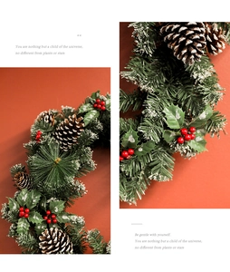 Close-up of snowy Christmas wreath featuring red berries, pine cones and green needles
