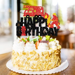 Firefighter birthday cake topper with fire truck design and red black glitter finish